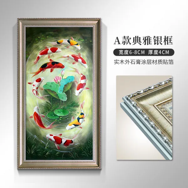 신 중국식 순수 핸드페인팅 유화그림 현관 인테리림 연꽃 구어 도모함 거실 세로판 복도 그림을 걸다 잉어 재물을 모으다, A타입 전아은 테 고참 화사 페인팅