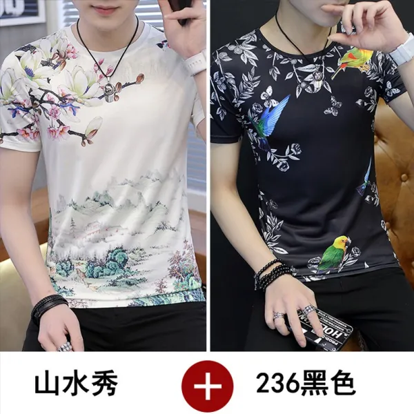 영캐주얼 반소매 인스트릿 기본 체형커버 라운드넥 청년 M552771, 산수풍경 236블랙