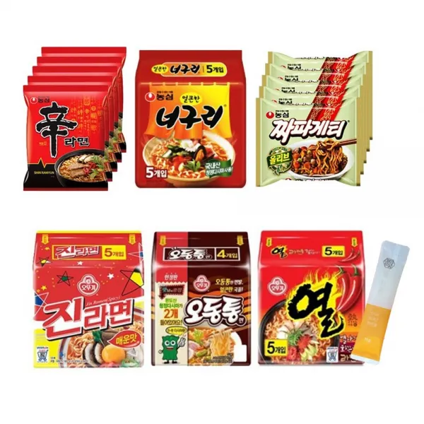 농심 신라면 5개+너구리 5개+짜파게티 5개+오뚜기 진라면 매운맛 5개+열라면 5개+오동통면 4개+허니스틱 1개 신라면+너구리+짜파+진라면+오동통+열라면x멀티1개씩