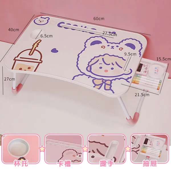 큐트 침대위 자 땅바닥에 앉다 대학생 기숙사 와이드 소테이블 판 컴퓨터 탁월함 책상테이블 여성, 화이트 밀크티 여자 업그레이드 서랍형