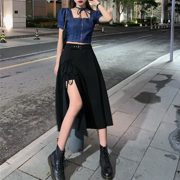 DIPYLON 여성 캐주얼 세트 블랙 슬릿 스커트 여자 여름 중기장 하이웨스트 라인 언