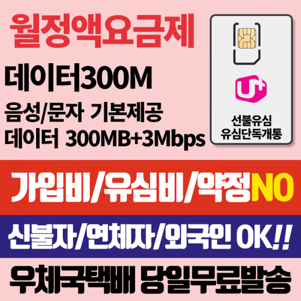 LG 선불유심 선불데이터300M 유심비 가입비무료 신용연체자개통가능 우체국택배, 데이터300M, LG선불유심