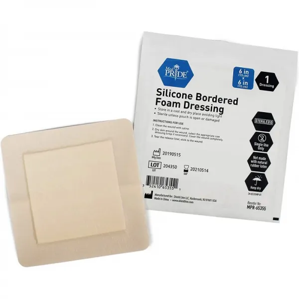 Medpride 접착 성 실리콘 경계가있는 폼 상처 드레싱 패드-6 인치 x 6 인치 궤양 10 개월 후 상처 붕대, 1