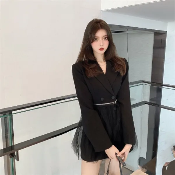 호미스토리 패션 프레이치 볼품 여자 신통력 스타일리시 디자인 감각 허리보정 보여 슬림 망사 패치워크 셋업 양식