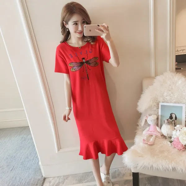 패션이루 빅사이즈 롱 면 원피스 슬림핏 프릴 반팔 여름 캐주얼