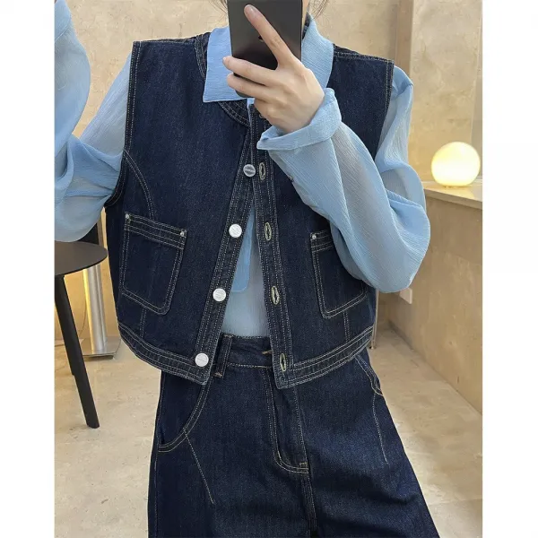 빈티지데님조끼 봄계절 간지나는 클래식 원우 무드 노카라 데님베스트 캐쥬얼 숏 민소매나시 여성 4610153971