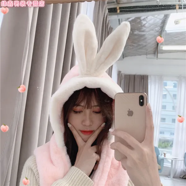 여성용 모투리털 스카프 장갑 모자 3중절 체피 리본 목덜미 귀를 긋하게 세우는 토끼장갑