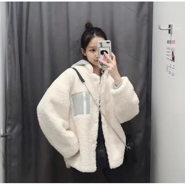 여성 양털 후리스 한국판 루즈핏 chic 소프트닝 기모 램스울 후드 점퍼