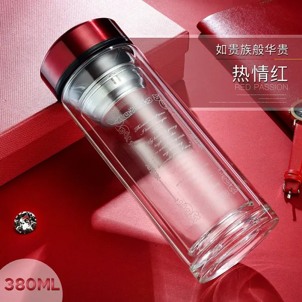인터프라자 800ml 슈퍼 용량 유리잔 더블 휴대용 열에 강한 남 물컵 두꺼움 여과 티컵 밴드 컵 홀더, 특질 와인색 380ml유별나 추가 타