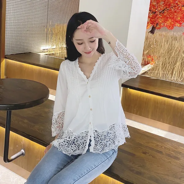 나팔소매셔츠 희형제 이탤리언 봄옷 화이트 순면 코튼 레이스가 끝없이 펼쳐지다 패치워크 브이넥 긴소매 여성 2203339951
