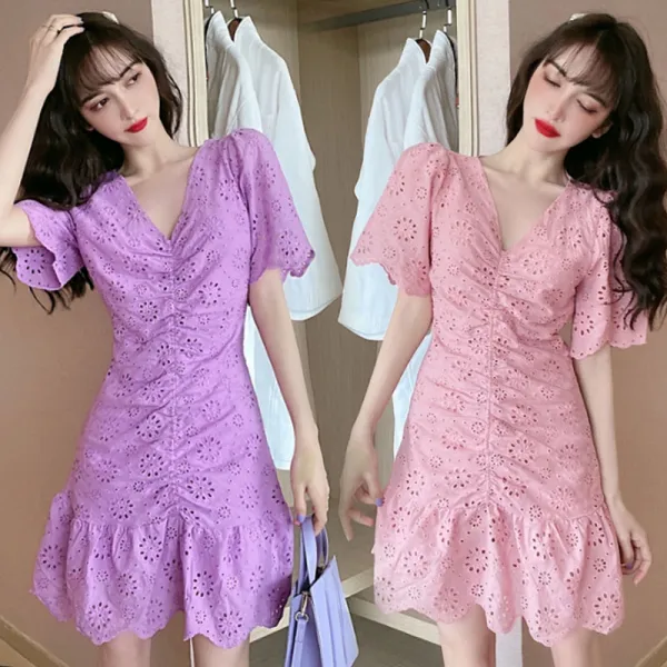Ajella 여름 레이스 펀칭 원피스 름 국내판 섹시 브이넥 반팔 프릴감령 스