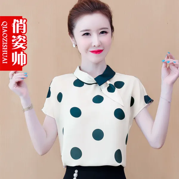 신파 도트 눈방 블라우스 여 디자인 감 소중 티 여름 년 반팔 탑