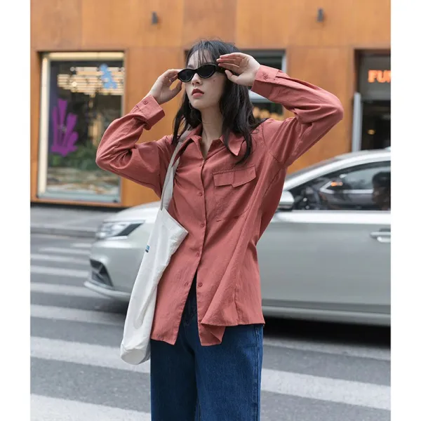 확정함 클래식 홍콩미 블루 셔츠 여성 디자인 감각 보이핏 볼륨 긴소매 상의 가을 가을스타일 화이트