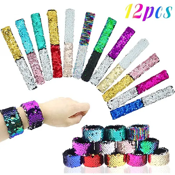 12pcs 인어슬랩 브레이슬릿 2색 가역적 차름 브레이슬릿 매직 세퀸스 플립 손목밴드 브레이슬릿 생일 파티 선호, 상세페이지 참조