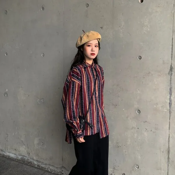가심비 여성 복고풍 코듀로이 줄무늬 셔츠 스트라이프 블라우스 셔츠 Gd019b110437