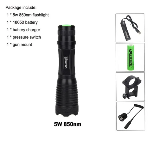 18650 IR 나이트 비전 손전등 5W 940nm 5W 850nm LED Zoomable 적외선 방사선 랜턴 전술 사냥 토치 + 총 마, 05 850nm Package3_01 CHINA