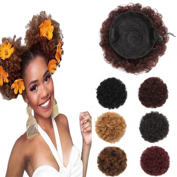 클립 원피스 중간 크기 2 브라운 아프리카 계 미국인 여성 짧은 합성 랩 코디 updo Chignon 가발에 대한 아프리카 변태 곱슬 머리 롤빵