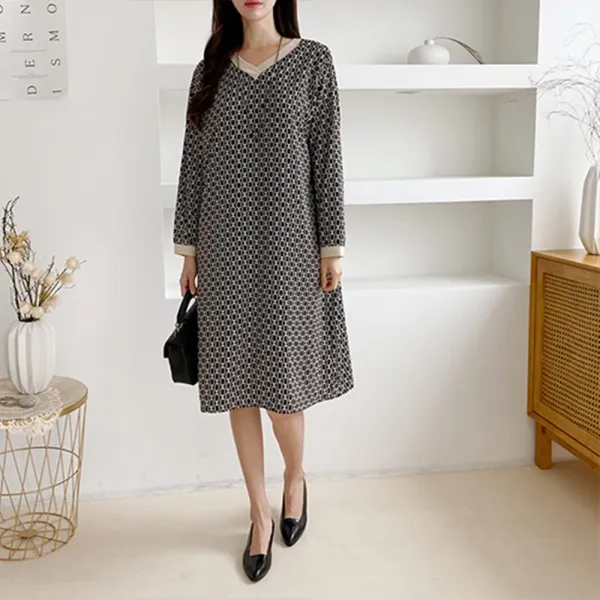 여자 라운드땡땡이 배색 브이넥 롱 원피스
