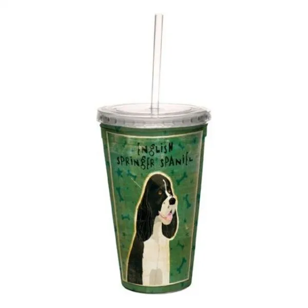 Tree-Free Greetings cc33997 재사용 가능한 빨대 16-Ounce가있는 John W. Golden Double-Walled Cool Cup의 흑백 영어 스프링거 발바리, 본상품선택