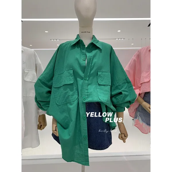 비키다 빅 큰셔츠 내 캐쥬얼 투포켓 디자인 긴 소매 심플 와이드 루즈핏 넥 얇은