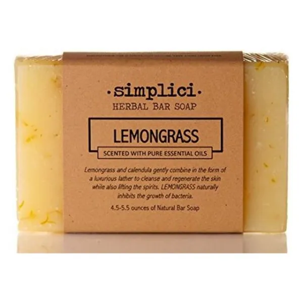 Simplici Lemongrass 금송화 비누. 레몬 그라스 퓨어 에센셜 오일로 향이납니다. 팜유 무료. 코코넛 오일 15 %. 오래 견딘 잿물 비누. 싱글 바 5 oz. 바. 전통 (비건 채식주의 자) 조리법., 1