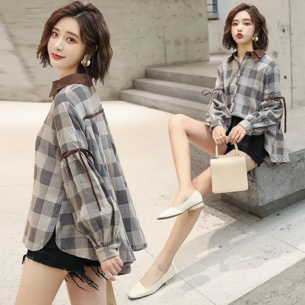 데일리룩 패션 귀여운 페미닌룩 카라 리본장식 체크 셔츠