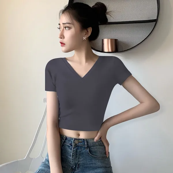 필로그 블랙 숏 크롭 브이넥 여성 스키니핏 등트임 배꼽이 빠지다