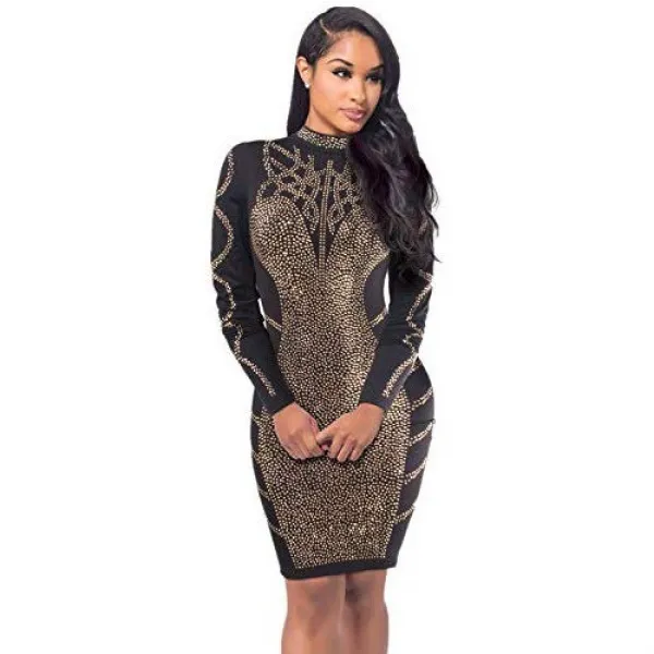 Women Gold Sequin Dress Rhinestone Long Sleeve High Neck Bodycon Midi Cocktail Dress