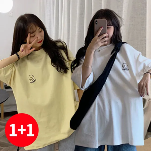 주디엘리 여성 스마일 루즈핏 여름 반팔 티셔츠 1+1