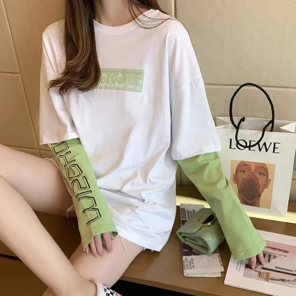 위파인더 봄 언젠간 가짜 투피스 박시 중 롱 셔켓 상의 긴팔 티셔츠 여