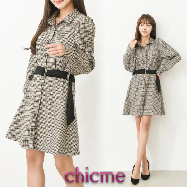 chicme 시크미 여성 체크 셔츠 허리벨트 미디 원피스