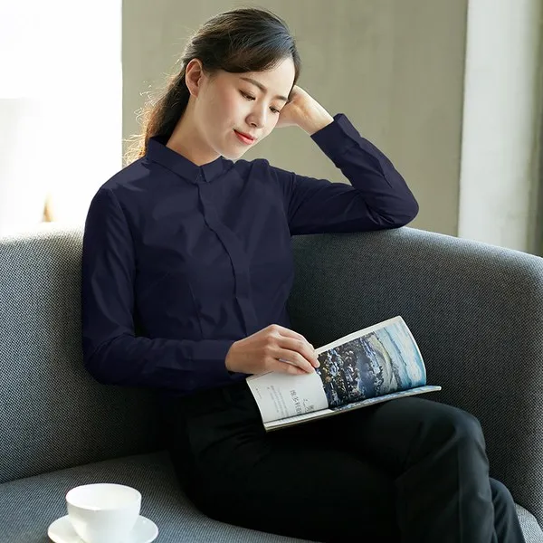 작업복 오피스 셔츠 여성긴소매 2019 스몰 칼라슬림한스타일 기질 위시엔웨어가공 화이트 정장 면, C04-네이비블루