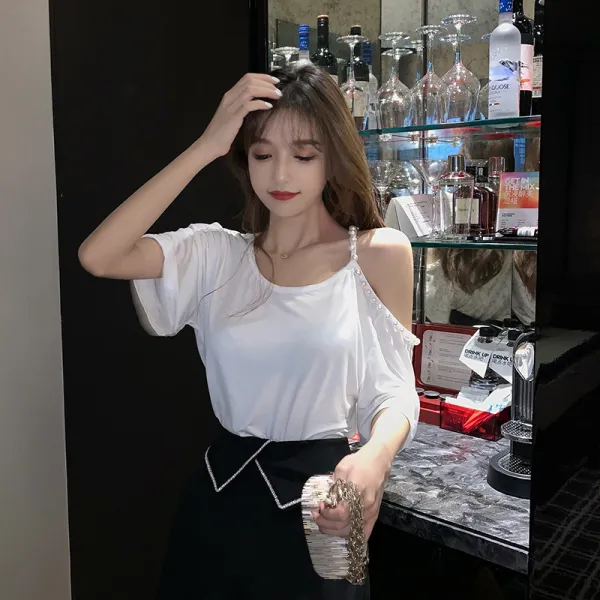 항 미 개성 진주 이슬 어깨 소심기 섹시 탑 여 ins 여름 루즈 캐주얼 반팔 티 붐