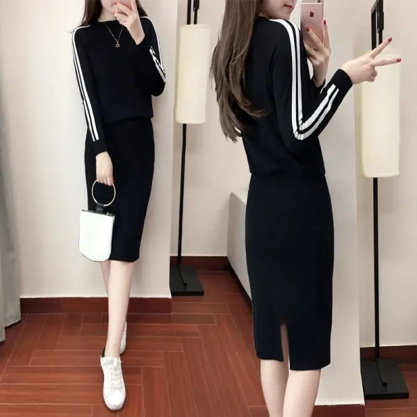 패션이루 긴팔 니트 투피스 세트 여름 캐주얼 H라인 스커트 롱