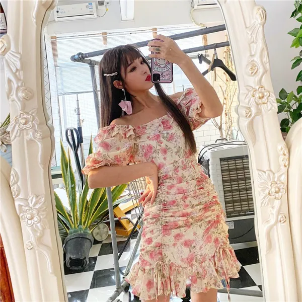 로즈매더 쉬폰 플라워 퍼프 롱 원피스 정견아 름 프렌치 앤티크 시폰 꽃무늬 보트넥