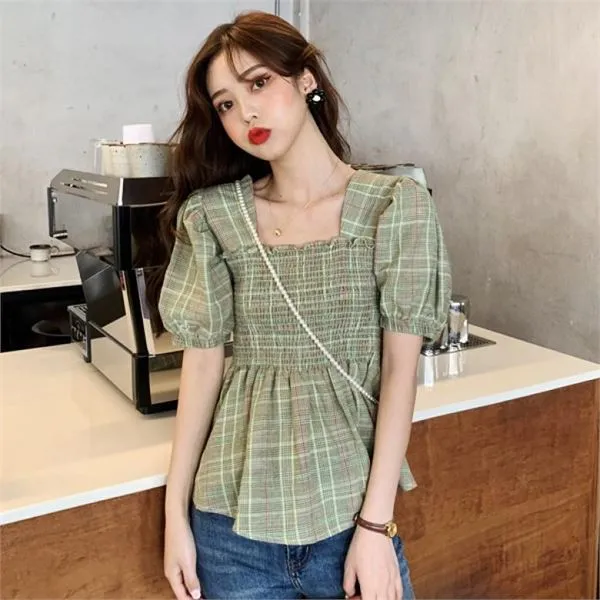 드레스날다 개미허리 체크 벌룬소매 스모크 블라우스 mbl1196