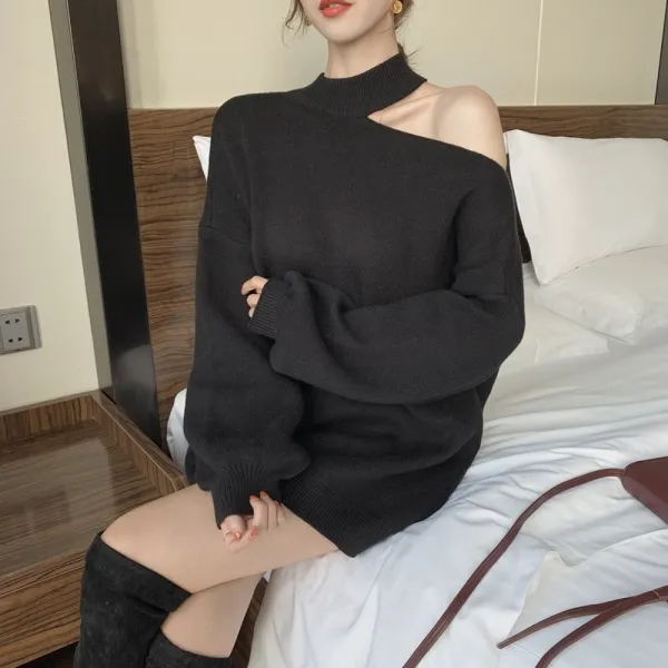 스트릿셀럽 골지 터틀넥 오픈숄더 니트