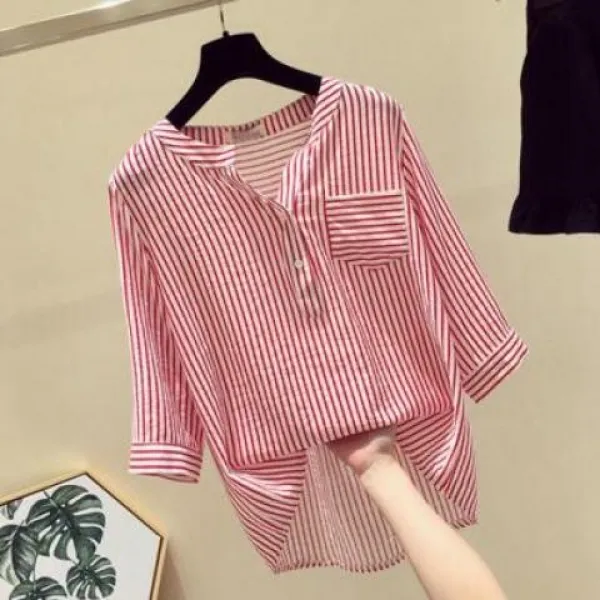  실버캣 여성 빅사이즈 스트라이프 헨리넥 셔츠