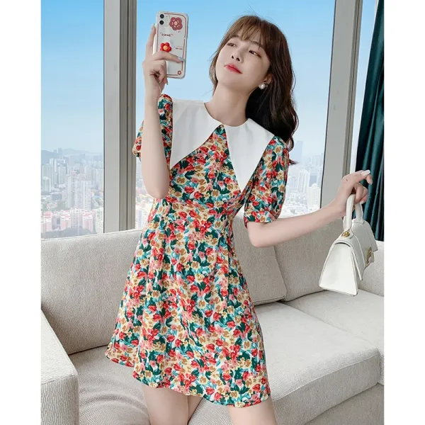 Jun.16 75번 프렌치 칼라 플라워 원피스 여 여름 키 작은 느낌 빈티지 시폰 스커트 바다군령Z