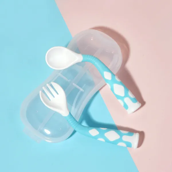 [해외 직송]HY 훈련 배운 술 밥을 먹는 아기 영아와 어린이 포크 한살 반 아이들 휘어지는 짧은 그릇 이유식 스푼 포크 엘보 QH42 A15, 블루