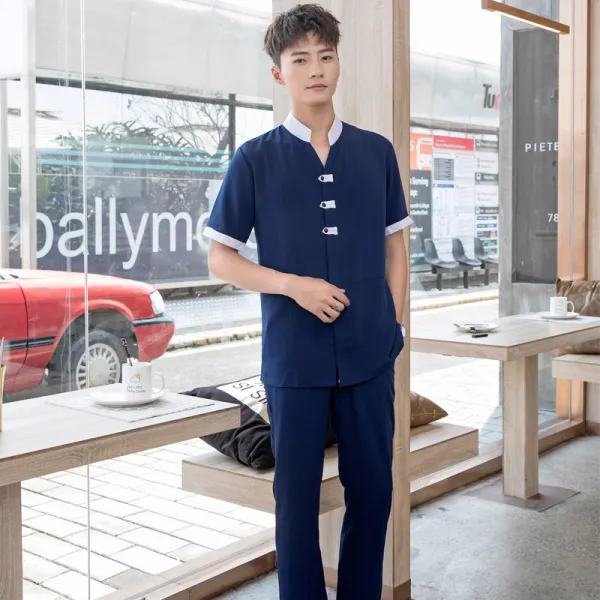 다담컴퍼니 린넨세트 미용실트리트먼트 SPA 양생 작업복 여성 회소 중국식 면린넨 중의학 의사다 물리치료관 발마사지 가게, S 숨기다 블루 긴 실 남자타입