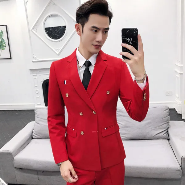 슬림 더블 브레스트 영국 스타일의 정장 사계절의 캐주얼 작은 정장 재킷 투피스 남성 한국어 버전, 빨간 긴 소매 (싱글 슈트)