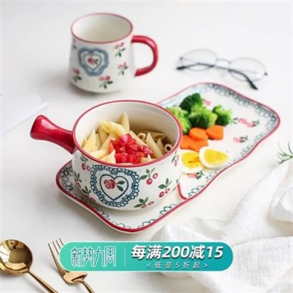 예쁜그릇 카와시마야 일식 아침밥반 아이디어 1인식 도자기 그릇 가정용 오트밀 컵 아침 식사 식기 세트, 09 블루라인 아침식사세트(예매 4월초발)