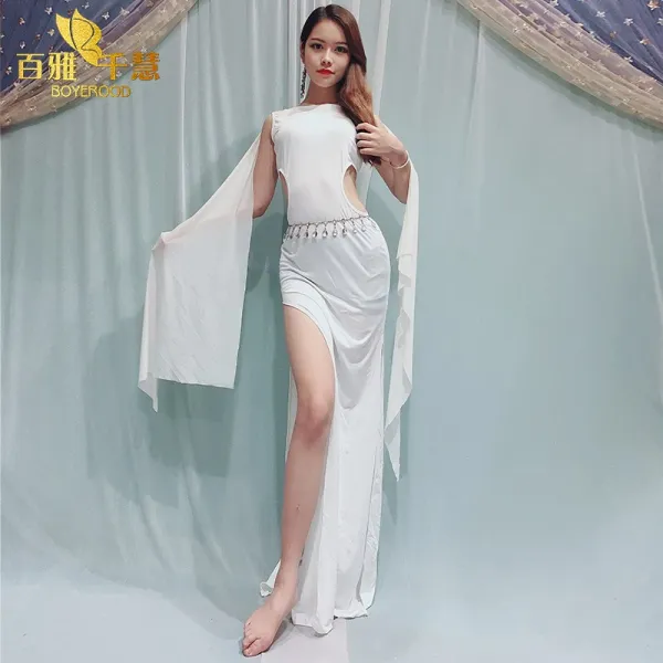 백아 천혜 벨리댄스 트레이닝 2020 봄신규 밀크 실크 원피스 춘하 동방춤 공연 의상, 화이트 리본 민소매 바로구매 증정 고