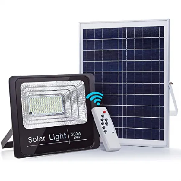 200W LED 태양 광 홍수 조명 원격 제어가 가능한 야외 황혼부터 새벽까지 안전 조명 380 LED 10200LM 슈퍼 브라이트 IP67 방수 등급 마당 정원 수영장 통로 농구장 경기장에 적합, 본상품