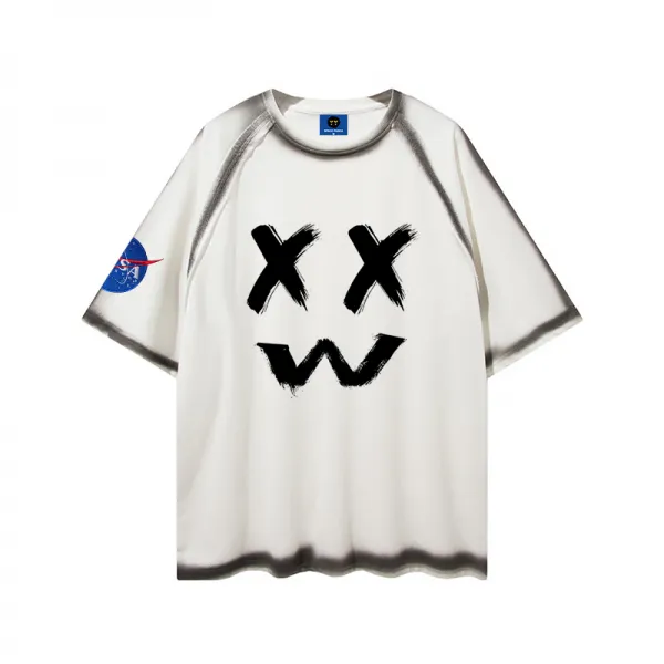 바이러뷰 여름반팔 Nasa 연명 국세 하이스트 와이드 루즈핏 라운드넥 남자 커플 스트릿 분무 그래피티 낙서 꼬마 악마 T