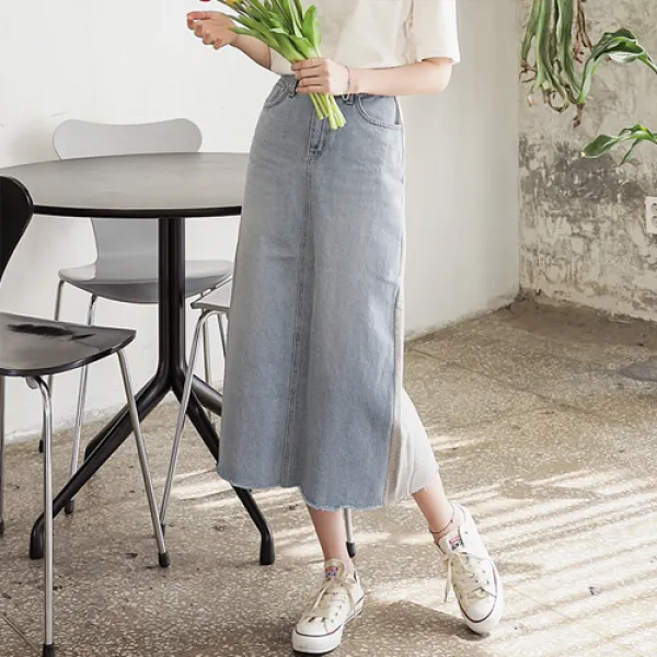 플레이팝 여성용 블루 배색 유니크 캐쥬얼 뒷밴딩 데님 코튼 롱 스커트