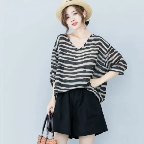 마마퀸 여성빅사이즈 얼룩무늬브이넥 루즈핏 쉬폰블라우스 9m613003 빅사이즈블라우스티셔츠