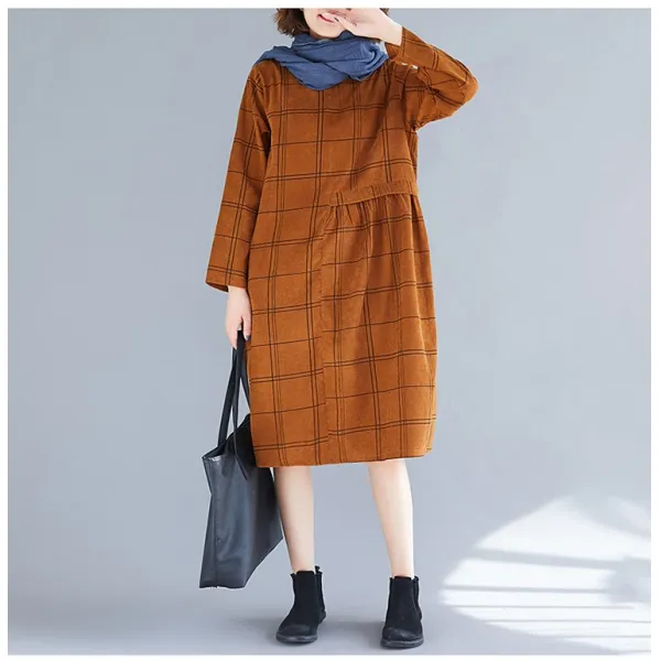 가심비 여성 라운드넥 격자무늬 코듀로이 니트 모직 미디 원피스 Ga008n110332