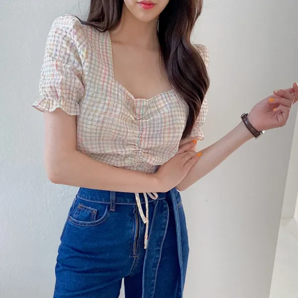모양새 짧은 크롭 앞 셔링 체크 블라우스 썸머 룩 배꼽티 스퀘어 넥 color 블루 옐로우